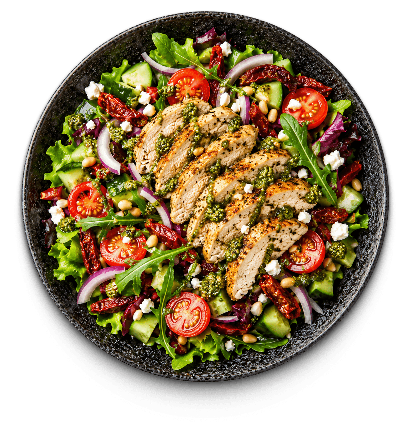 Salat m. marineret kylling & pesto